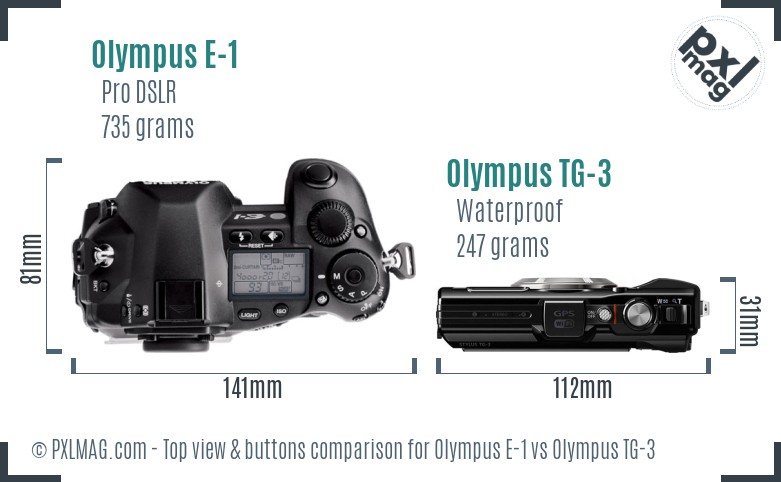 Olympus E-1 vs Olympus TG-3 top view buttons comparison