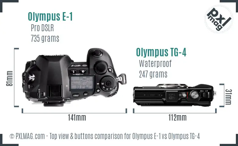 Olympus E-1 vs Olympus TG-4 top view buttons comparison
