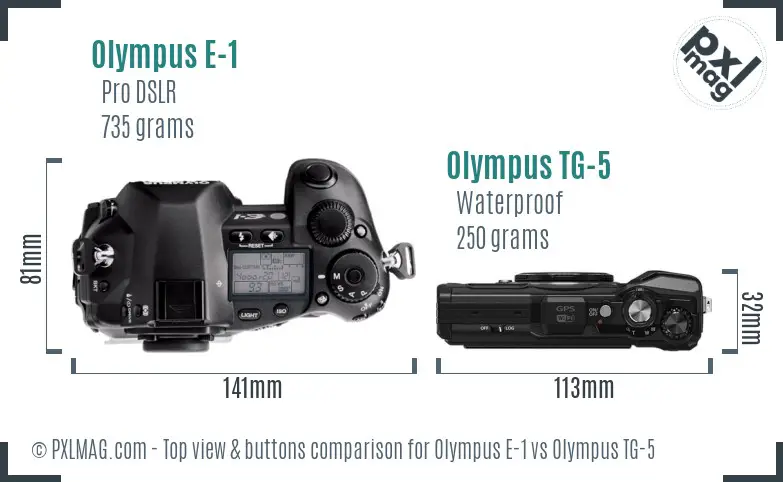 Olympus E-1 vs Olympus TG-5 top view buttons comparison