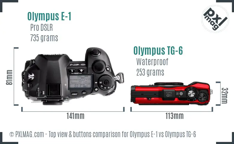 Olympus E-1 vs Olympus TG-6 top view buttons comparison
