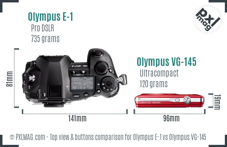 Olympus E-1 vs Olympus VG-145 top view buttons comparison