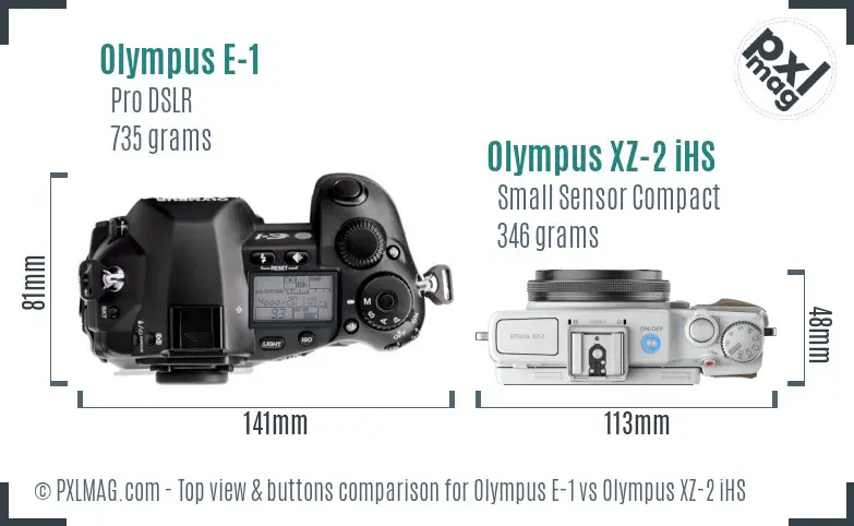 Olympus E-1 vs Olympus XZ-2 iHS top view buttons comparison