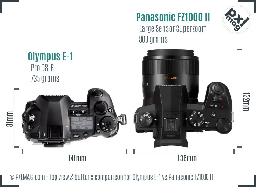 Olympus E-1 vs Panasonic FZ1000 II top view buttons comparison