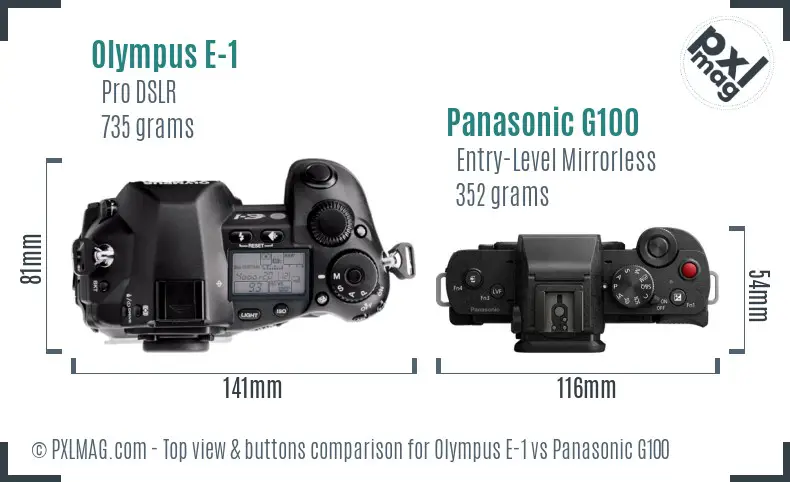 Olympus E-1 vs Panasonic G100 top view buttons comparison