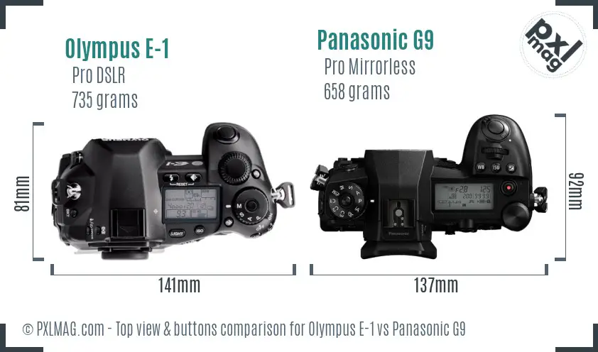Olympus E-1 vs Panasonic G9 top view buttons comparison
