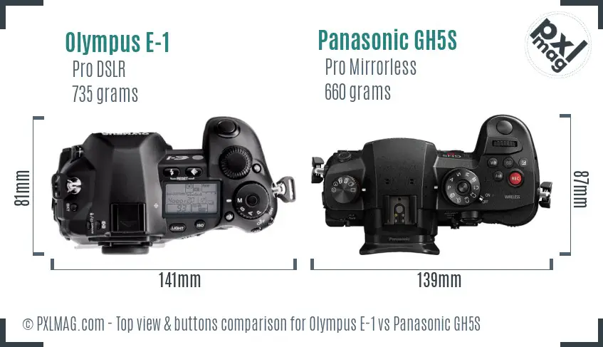 Olympus E-1 vs Panasonic GH5S top view buttons comparison