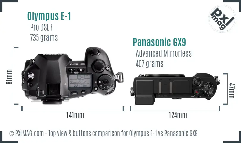 Olympus E-1 vs Panasonic GX9 top view buttons comparison