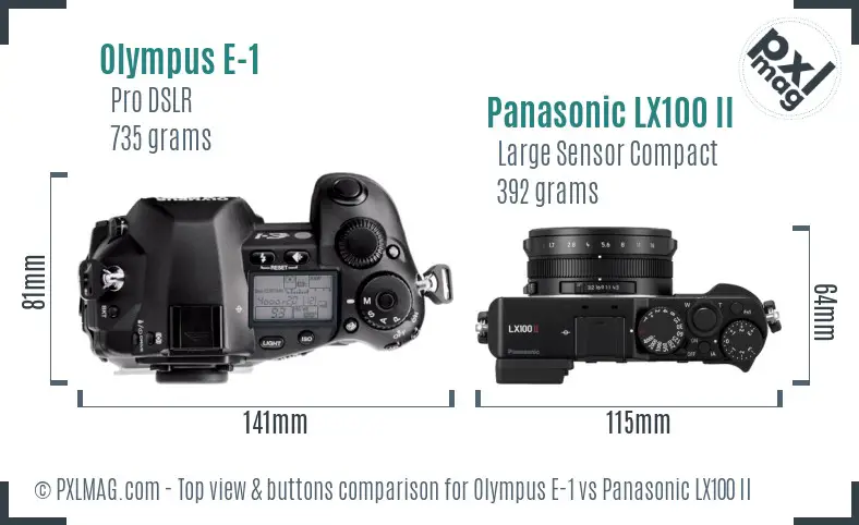 Olympus E-1 vs Panasonic LX100 II top view buttons comparison