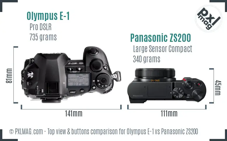 Olympus E-1 vs Panasonic ZS200 top view buttons comparison