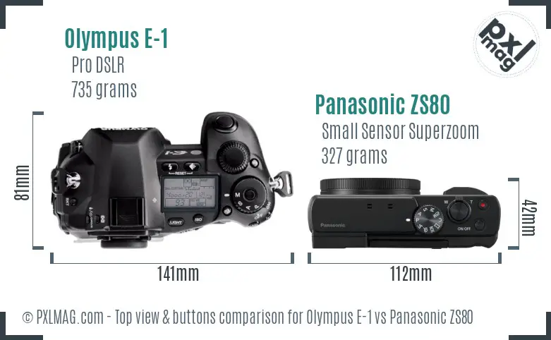 Olympus E-1 vs Panasonic ZS80 top view buttons comparison