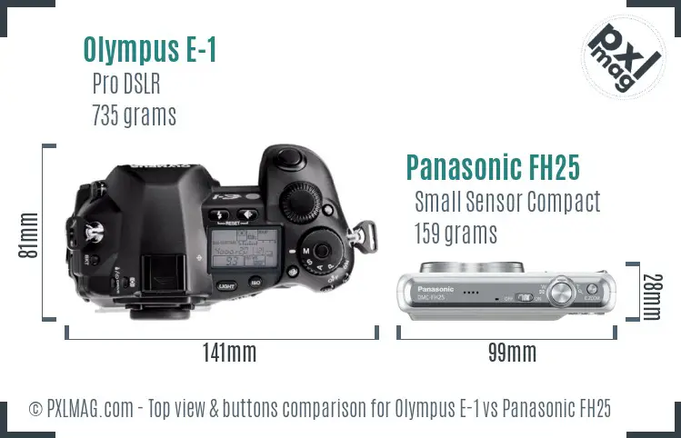 Olympus E-1 vs Panasonic FH25 top view buttons comparison