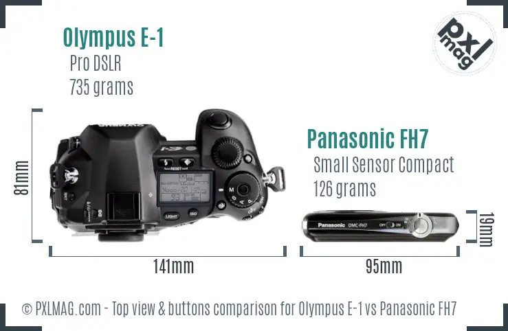 Olympus E-1 vs Panasonic FH7 top view buttons comparison