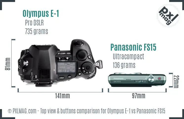 Olympus E-1 vs Panasonic FS15 top view buttons comparison