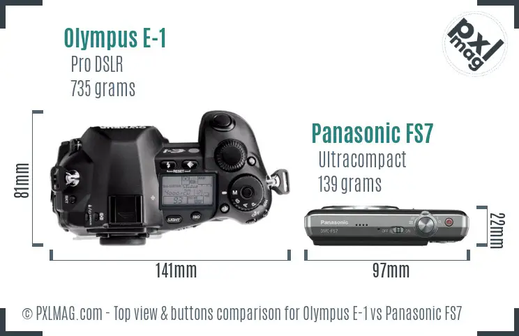 Olympus E-1 vs Panasonic FS7 top view buttons comparison