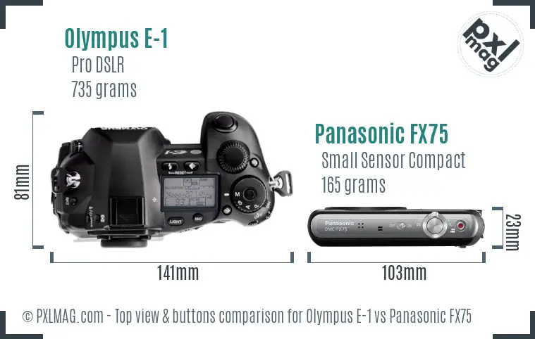 Olympus E-1 vs Panasonic FX75 top view buttons comparison