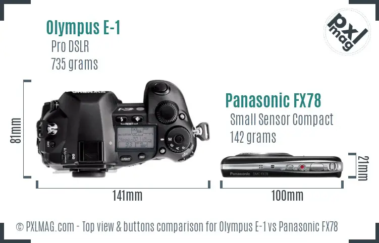 Olympus E-1 vs Panasonic FX78 top view buttons comparison