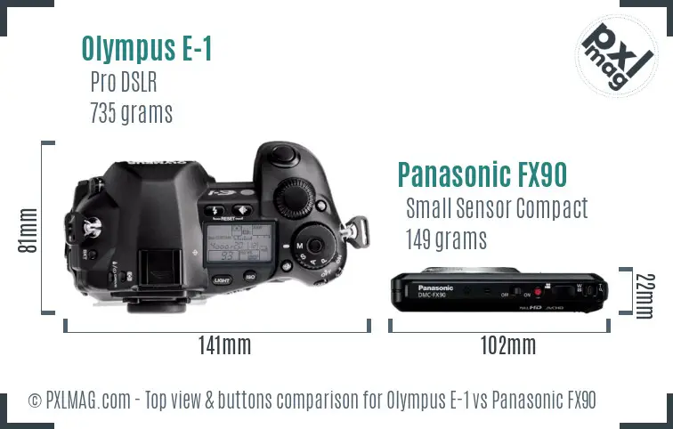 Olympus E-1 vs Panasonic FX90 top view buttons comparison