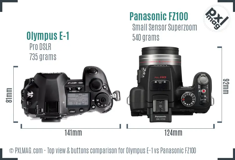 Olympus E-1 vs Panasonic FZ100 top view buttons comparison