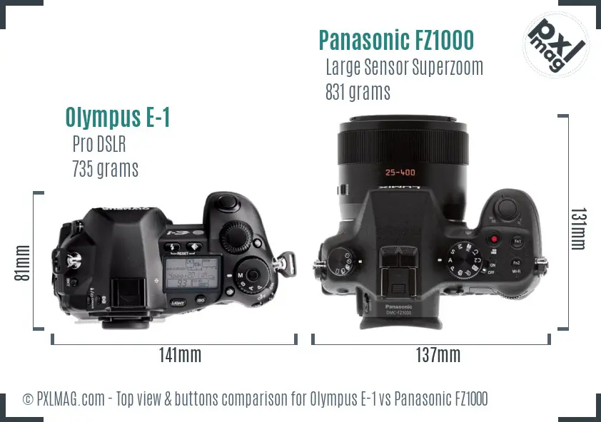 Olympus E-1 vs Panasonic FZ1000 top view buttons comparison