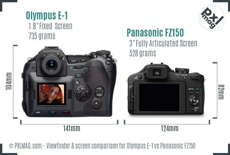 Olympus E-1 vs Panasonic FZ150 Screen and Viewfinder comparison