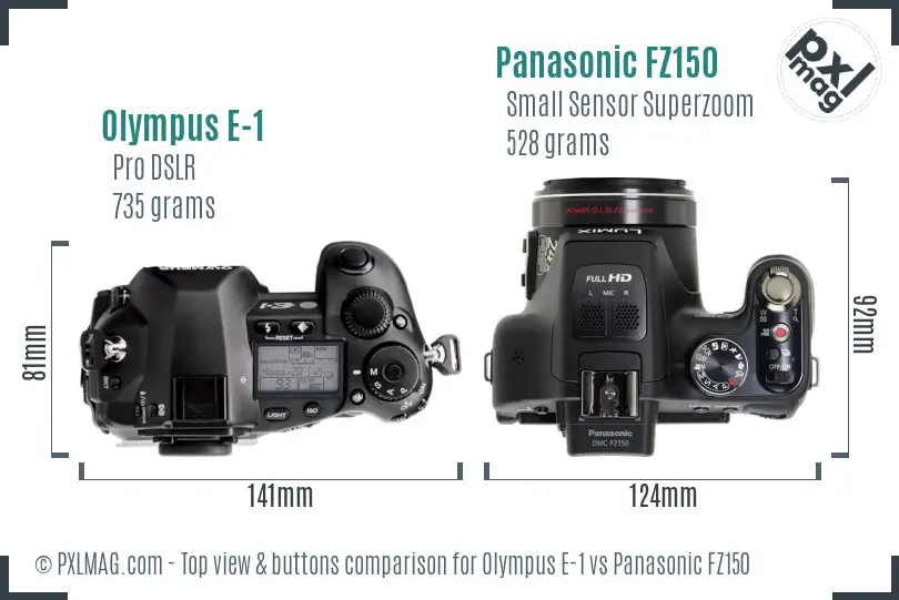 Olympus E-1 vs Panasonic FZ150 top view buttons comparison