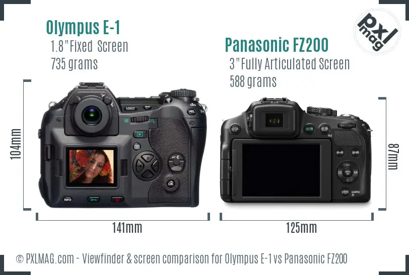 Olympus E-1 vs Panasonic FZ200 Screen and Viewfinder comparison
