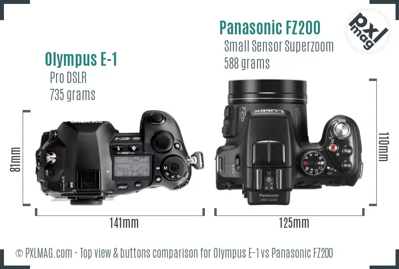 Olympus E-1 vs Panasonic FZ200 top view buttons comparison