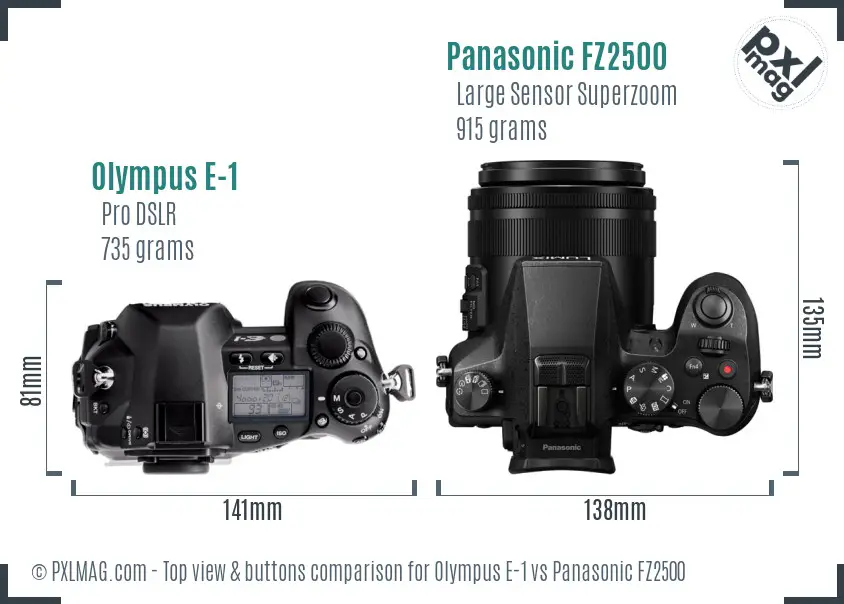 Olympus E-1 vs Panasonic FZ2500 top view buttons comparison