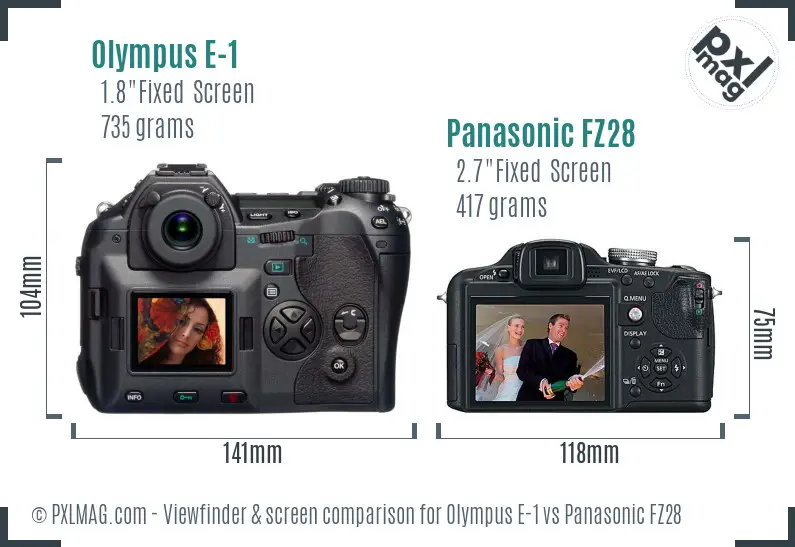 Olympus E-1 vs Panasonic FZ28 Screen and Viewfinder comparison