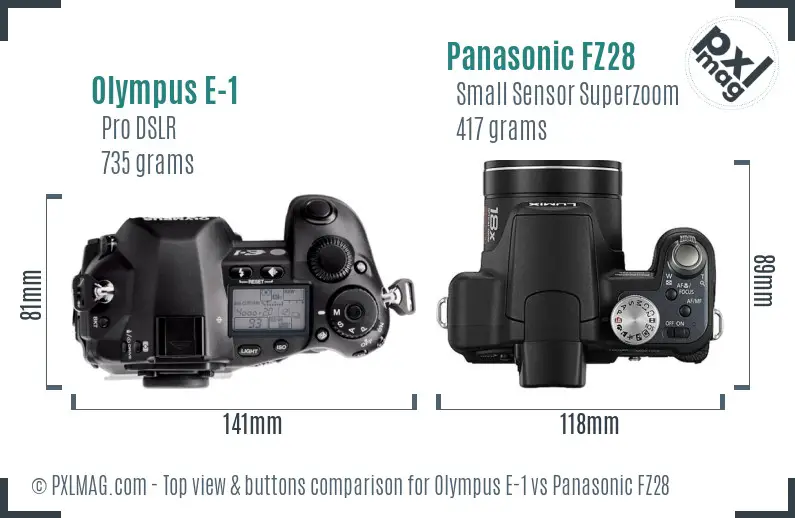 Olympus E-1 vs Panasonic FZ28 top view buttons comparison