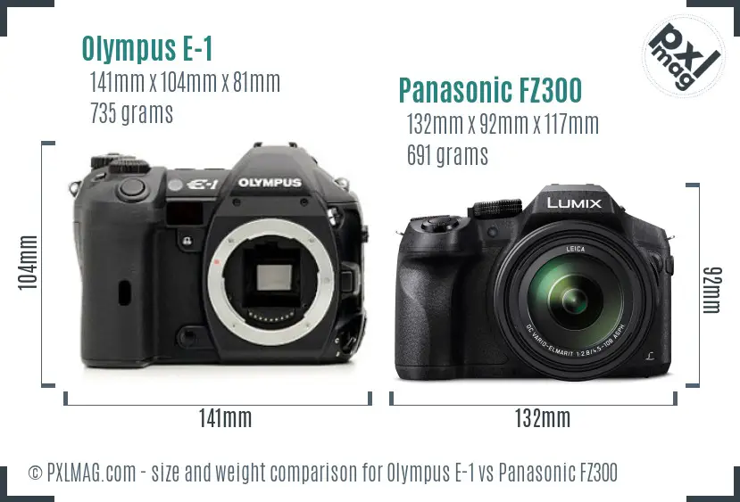 Olympus E-1 vs Panasonic FZ300 size comparison