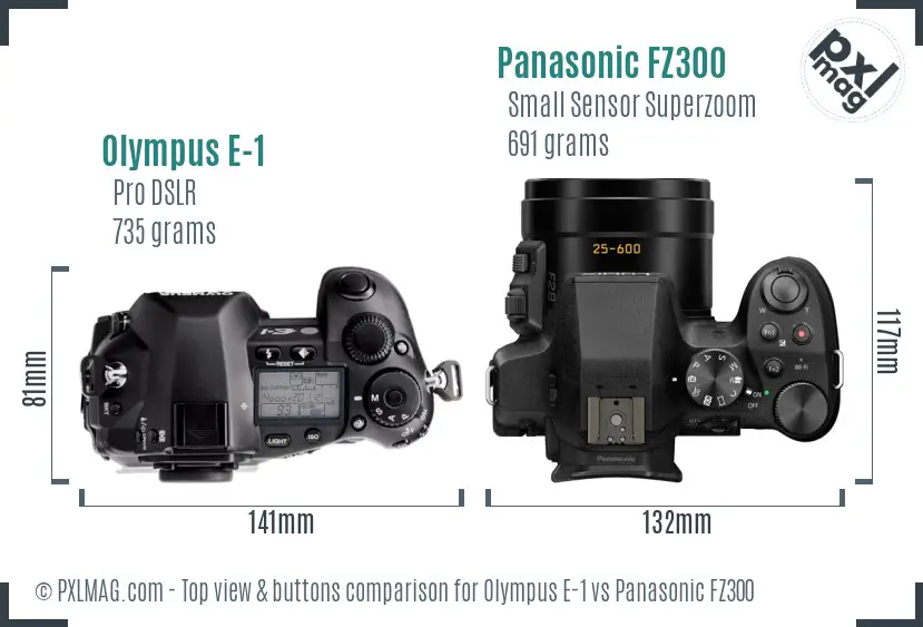 Olympus E-1 vs Panasonic FZ300 top view buttons comparison