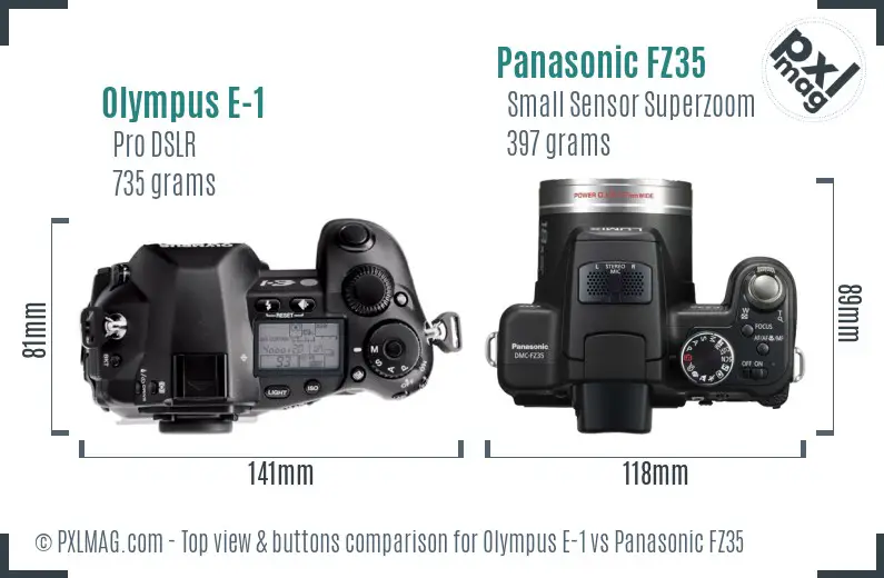 Olympus E-1 vs Panasonic FZ35 top view buttons comparison