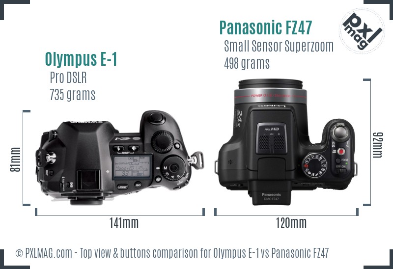 Olympus E-1 vs Panasonic FZ47 top view buttons comparison