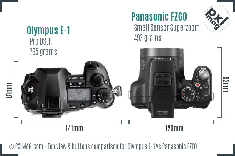 Olympus E-1 vs Panasonic FZ60 top view buttons comparison