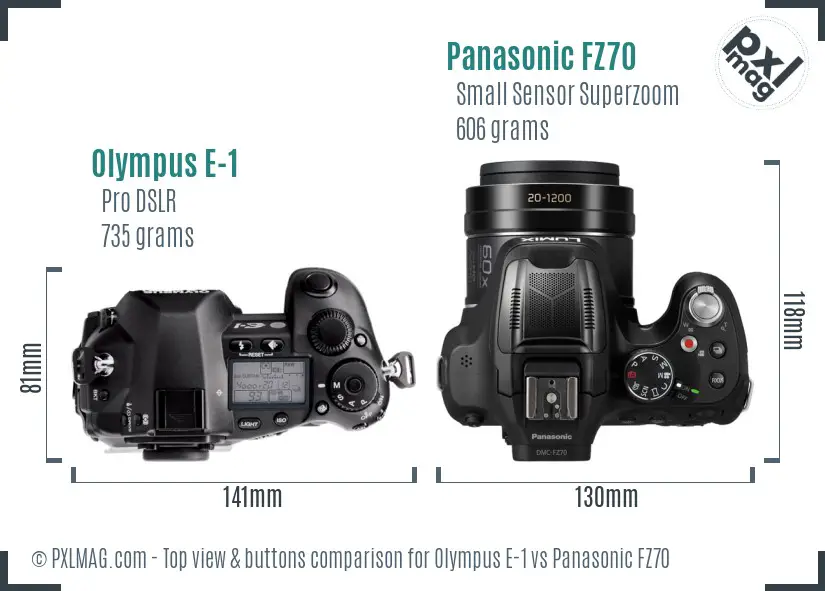 Olympus E-1 vs Panasonic FZ70 top view buttons comparison