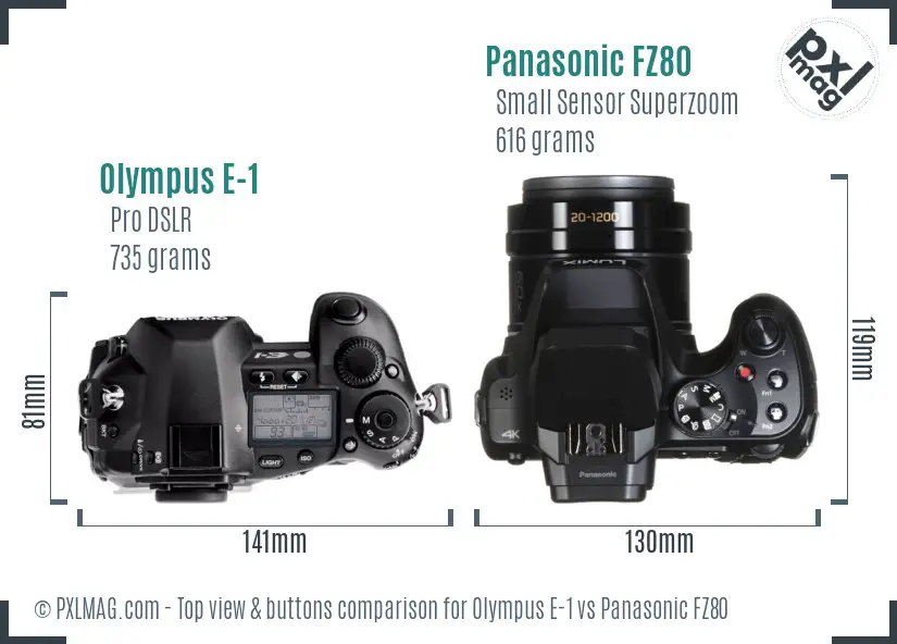 Olympus E-1 vs Panasonic FZ80 top view buttons comparison