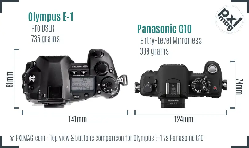 Olympus E-1 vs Panasonic G10 top view buttons comparison