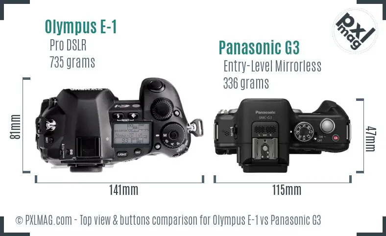 Olympus E-1 vs Panasonic G3 top view buttons comparison
