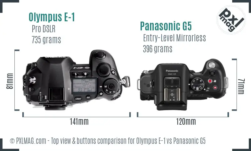 Olympus E-1 vs Panasonic G5 top view buttons comparison