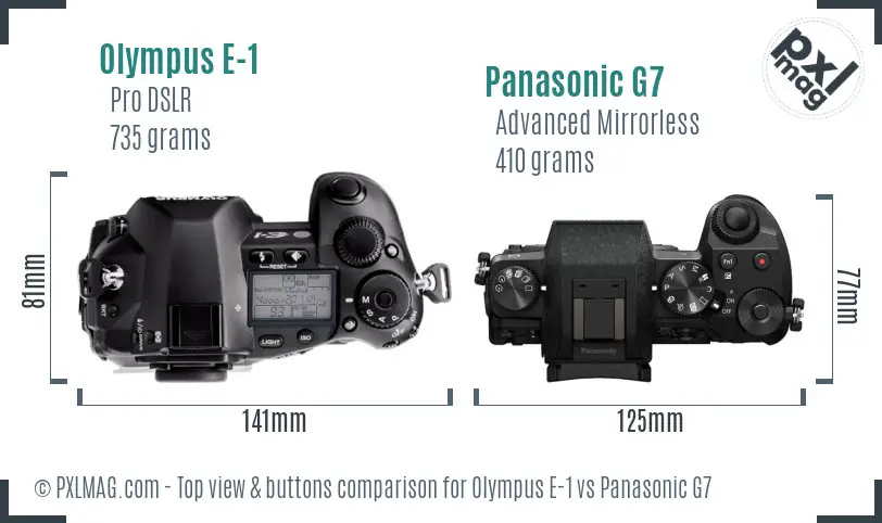 Olympus E-1 vs Panasonic G7 top view buttons comparison