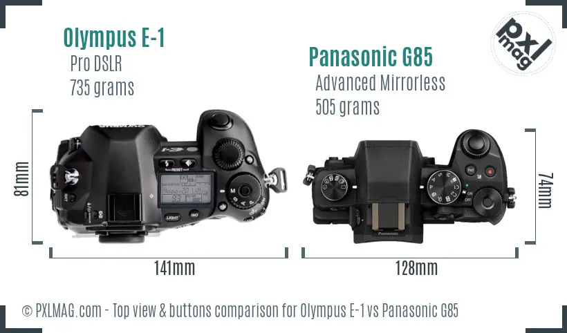 Olympus E-1 vs Panasonic G85 top view buttons comparison