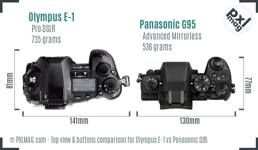 Olympus E-1 vs Panasonic G95 top view buttons comparison