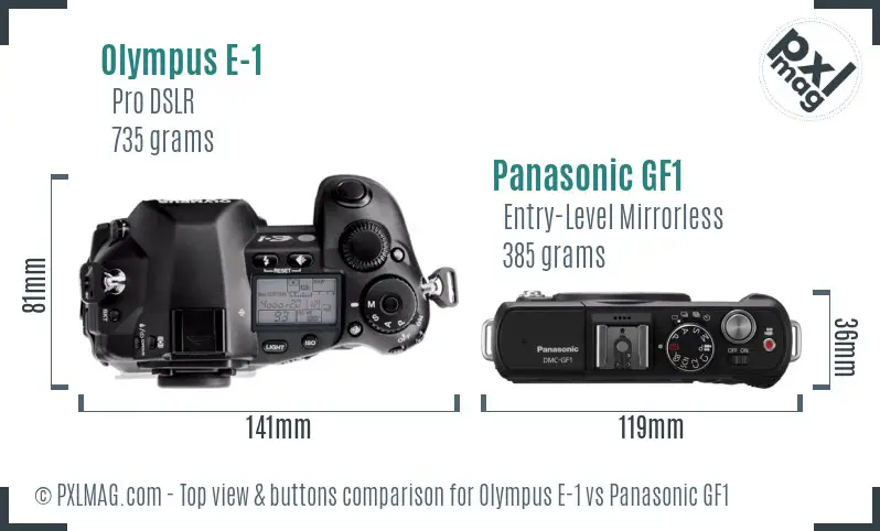 Olympus E-1 vs Panasonic GF1 top view buttons comparison