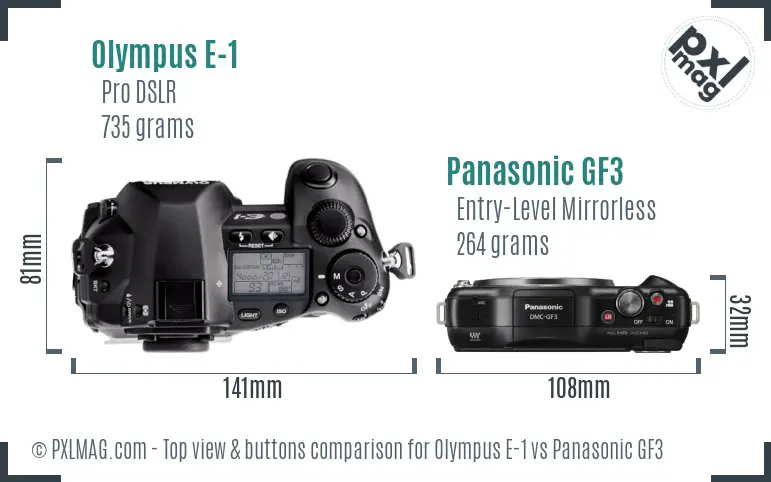 Olympus E-1 vs Panasonic GF3 top view buttons comparison