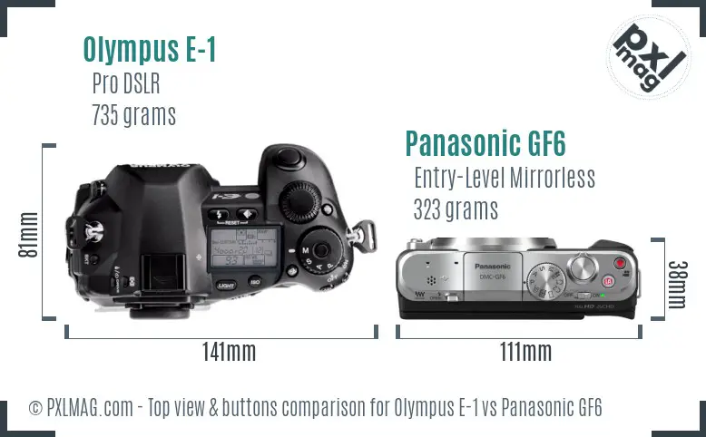 Olympus E-1 vs Panasonic GF6 top view buttons comparison