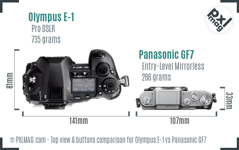 Olympus E-1 vs Panasonic GF7 top view buttons comparison