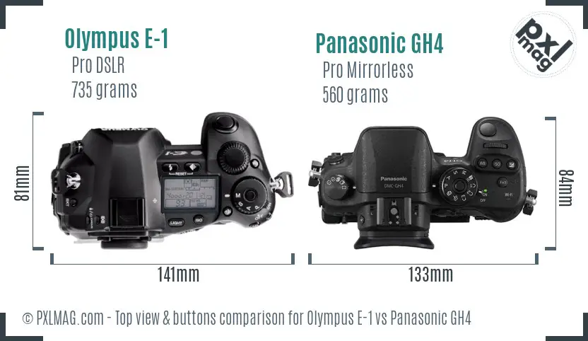 Olympus E-1 vs Panasonic GH4 top view buttons comparison