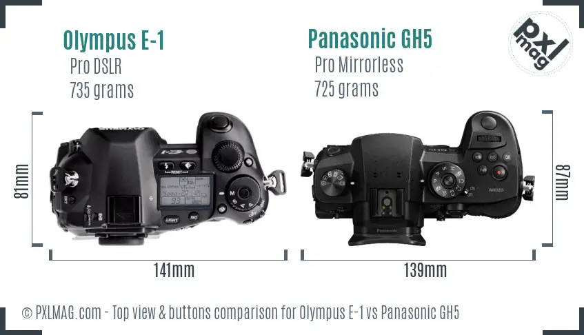 Olympus E-1 vs Panasonic GH5 top view buttons comparison