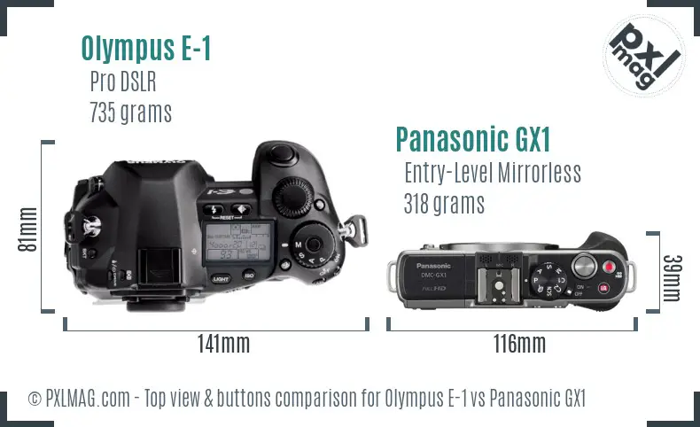 Olympus E-1 vs Panasonic GX1 top view buttons comparison